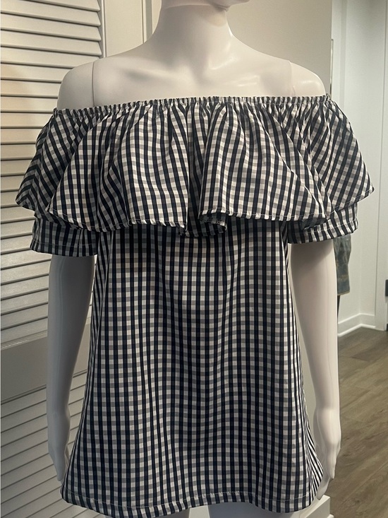 Kaktus Tops - Kaktus Navy and White Gingham Off-Shoulder Ruffle Top